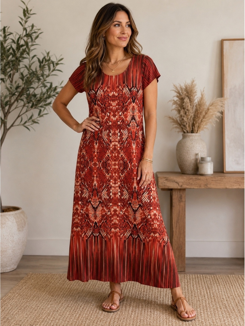 Red and Orange Snake‎ Print Maxi Dress with Short Sleeves